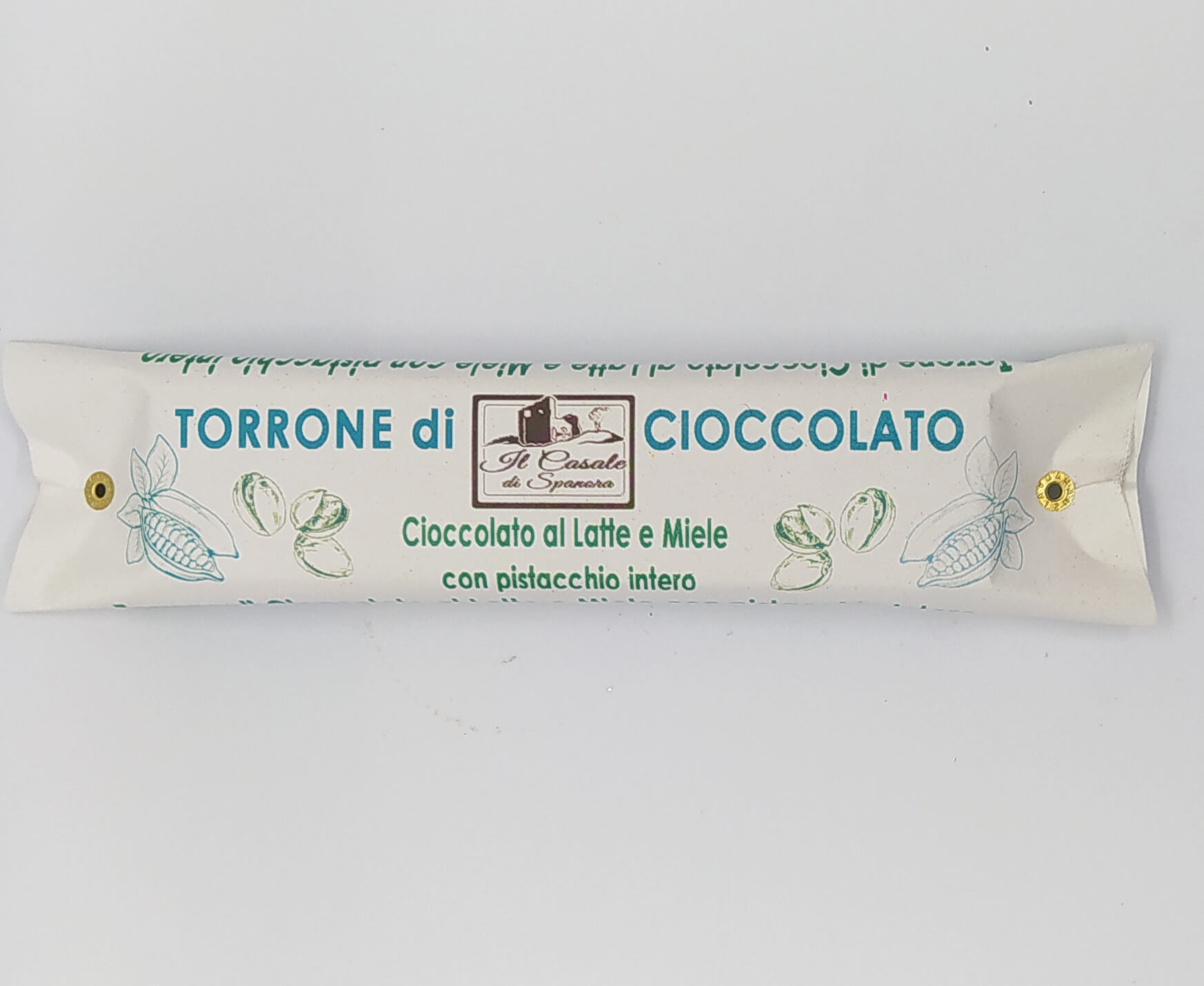 Torrone di cioccolato al latte e miele e pistacchi italiani 115 g Il Casale di Spanora