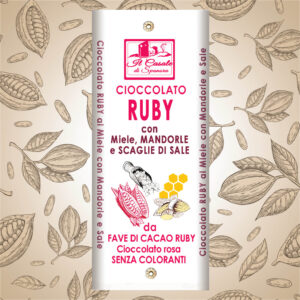Tavoletta di Cioccolato RUBY SALE E MANDORLE con miele di acacia da fave di cacao rosa 40 g