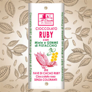 Tavoletta di Cioccolato RUBY e GEMME DI PISTACCHIO con miele di acacia da fave di cacao rosa 40 g